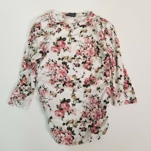 Floral Long Sleeve Blouse - Pink and White